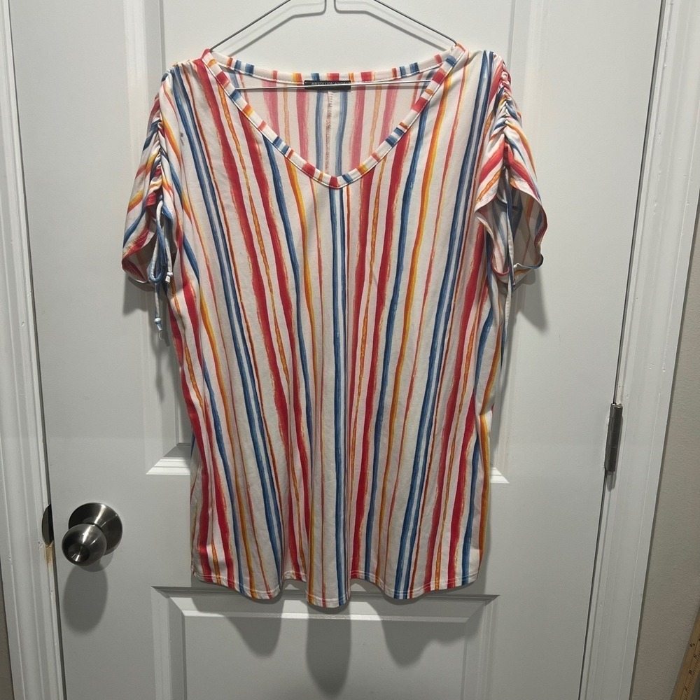 Absolute Angel Womens Top Ruched Tie Sleeve Striped Multi-Color